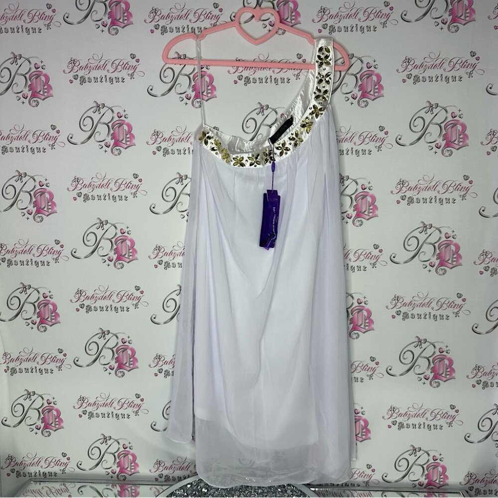 Ever pretty dress one shoulder bling jewel accents white gold shiny sexy dress
